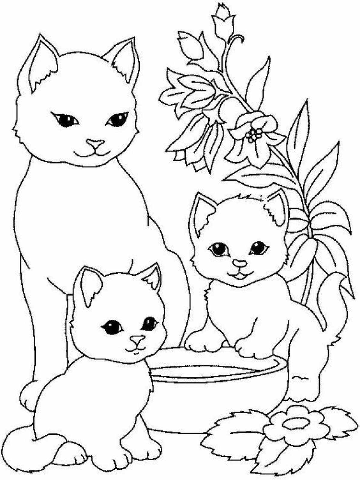 Раскраска кошка с котятами